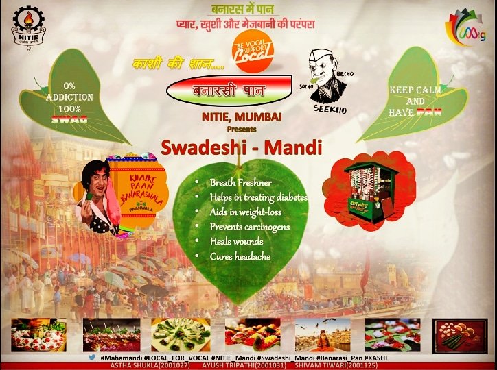 Shivam24101997's tweet photo. This Independence day...
Pledge for being Swadeshi...
Vocal your local and make it global...
Look at our Indian culture...
बनारस की शान- बनारसी पान
#NITIE #MahaMandi #SwadeshiMandi2020 #MiG #VocalForLocal #PMOIndia #BechobechoSikho #DigitalMarketing #banarasipaan #varanasi https://t.co/XQnAdZyktm