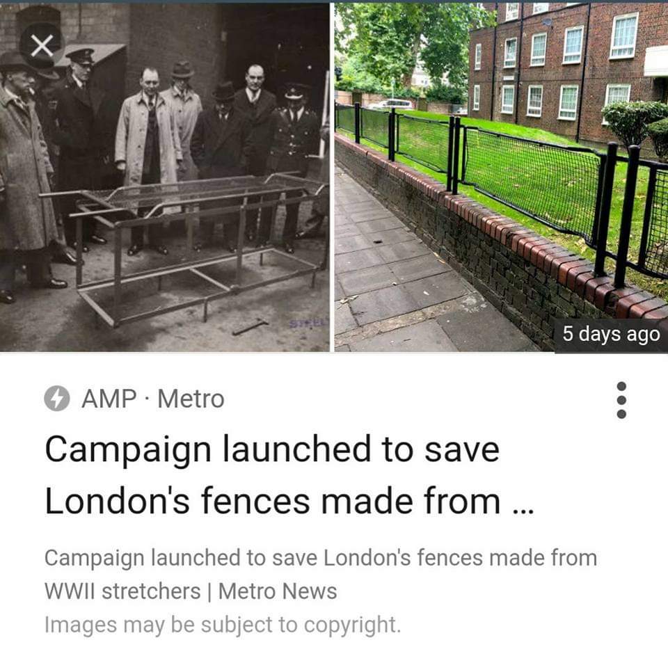 Thousands of Londoners walk past these fences every day completely oblivious to their history.Sadly many have fallen into disrepair & are being ripped down and replaced.Keep on the lookout for WW2 stretcher fences. Don't let this part of history vanish without a trace