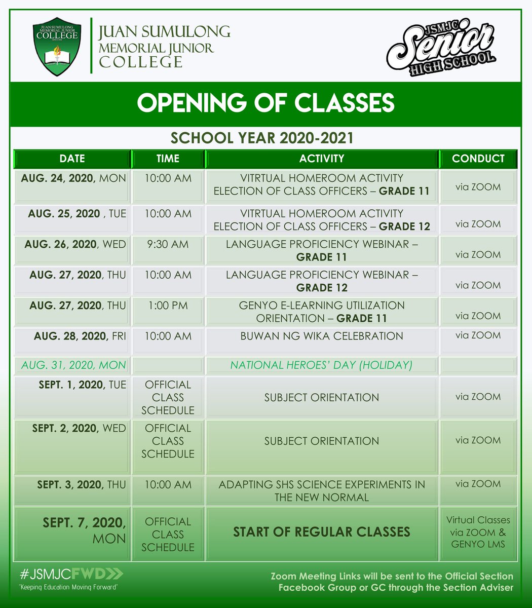 IAmSumulongSHS's tweet photo. OPENING of CLASSES
School Year 2020-2021
August 24, 2020
Schedule of Activities from Aug. 24 — Sept. 3, 2020
SEPTEMBER 7, 2020 — Regular Virtual Classes
#JSMJCFWD>>
#KeepingEducationMovingForward https://t.co/qwnB03oHfB
