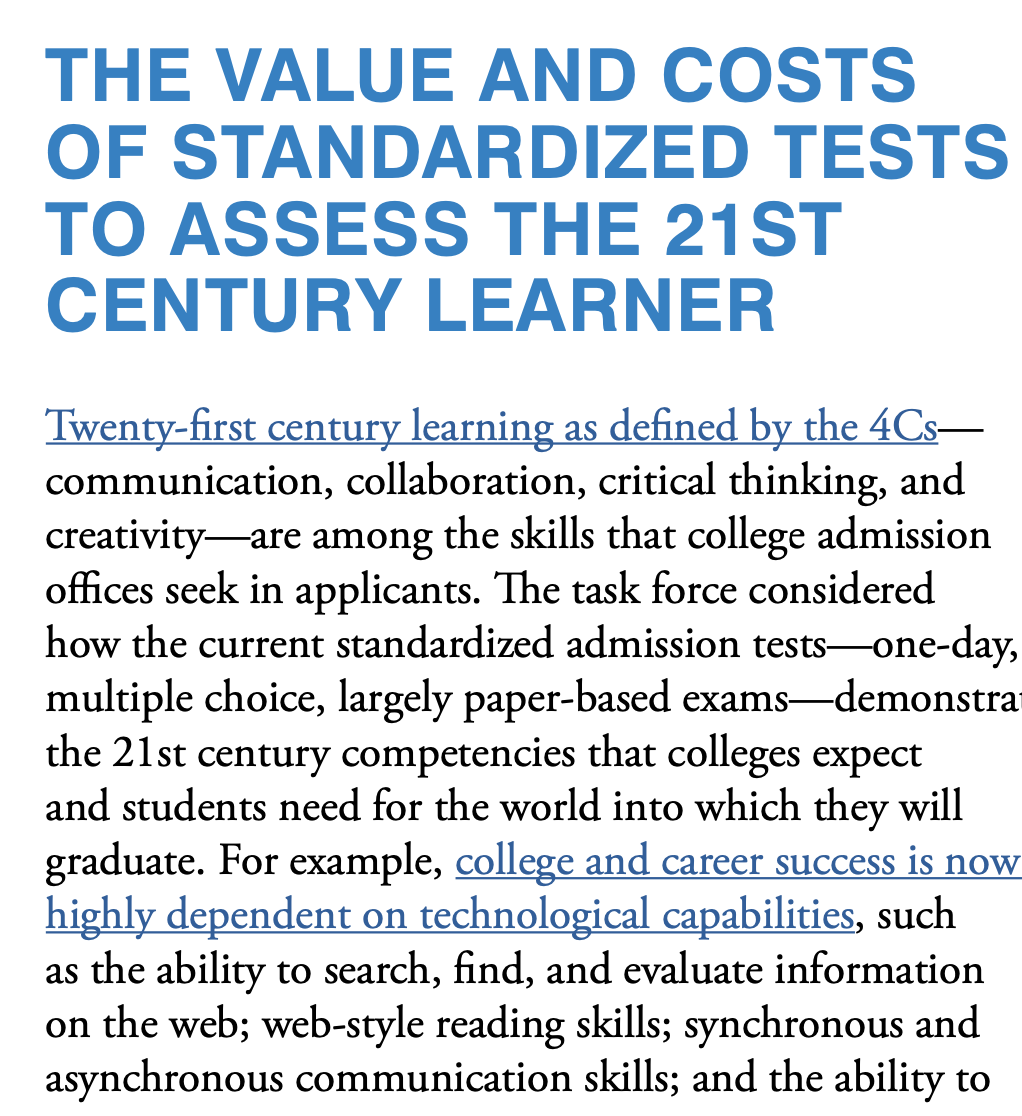stopped just short of calling the  #SAT and  #ACT anachronistic .. which it should have... these tests are assessing students of the future with tools of the past.