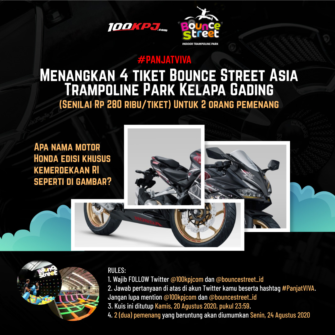 Mau dapetin 4 tiket Trampoline senilai rp280.000/tiket GRATIS? Yuk, ikutan kuis di bawah ini. Tulis jawabanmu sebanyak-banyaknya.

Gas pol KPJers!!

#PanjatVIVA #Giveaway
<a href="/100kpjcom/">100kpjcom</a>
 <a href="/bouncestreet_id/">Bounce Street Asia</a>