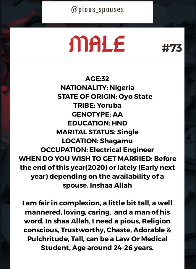 pious_spouses's tweet photo. Assalamu alaikum warahmatullah wabarakatu, Please DM💬 if interested. #RetweeetPlease #TAG a friend... Jazakhallahu khayr🙏

#piousspouses #pious_spouses #MuslimTwitter #Muslims #nikkahonly #matchmaking #halalway https://t.co/U6Y0HyXAA0