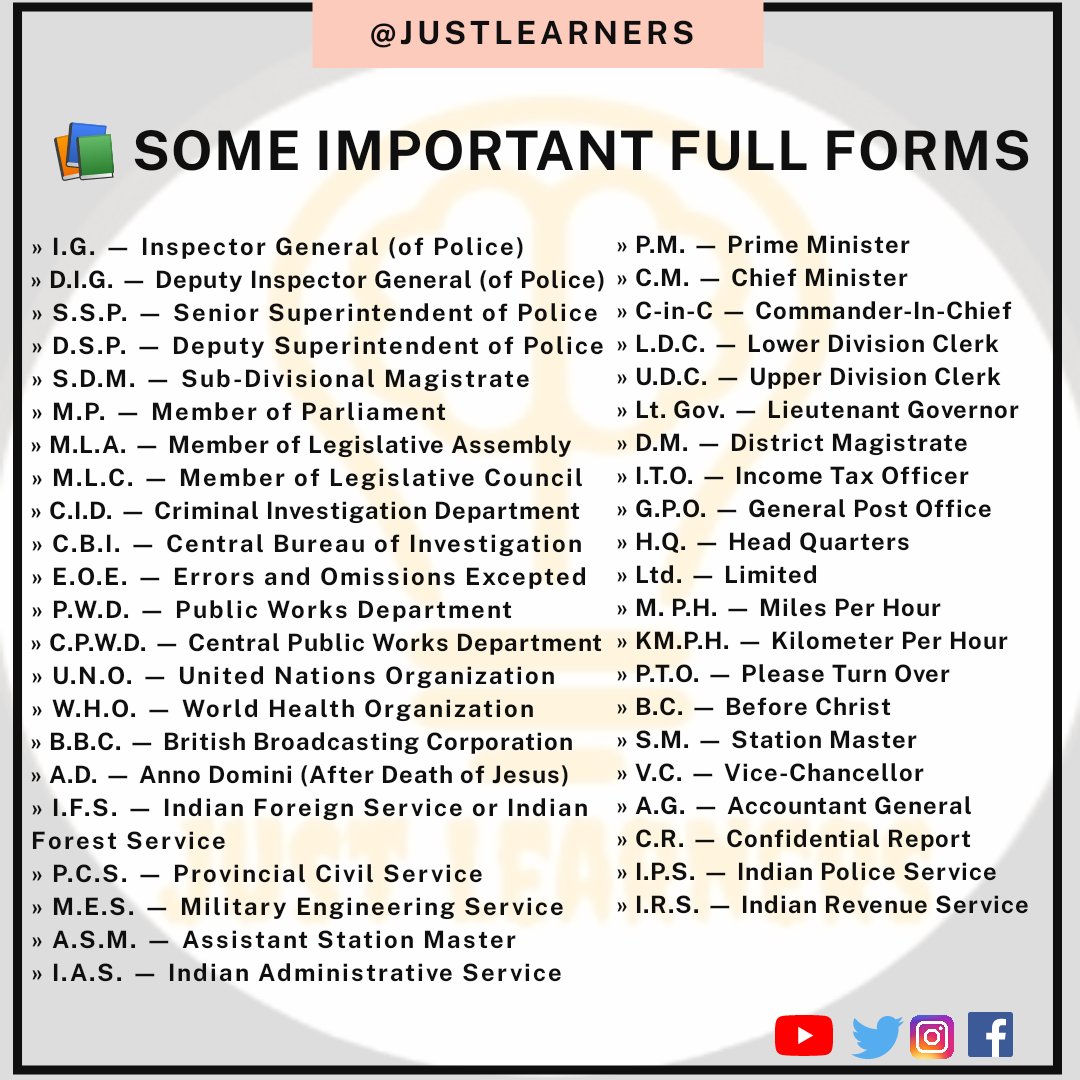JustLearners's tweet image. 📚 Some Important #FullForms
Aware yourself and your friends 
.
☑️☑️ Like and share ☑️☑️
✴️✴️Sharing is caring✴️✴️
.
For more such posts 
Join us on telegram
👇👇👇👇👇
Telegram channel id 
Join ➦ @Current_Affairs11 
.
.
Follow @JustLearners

#justlearners #TuesdayMotivation