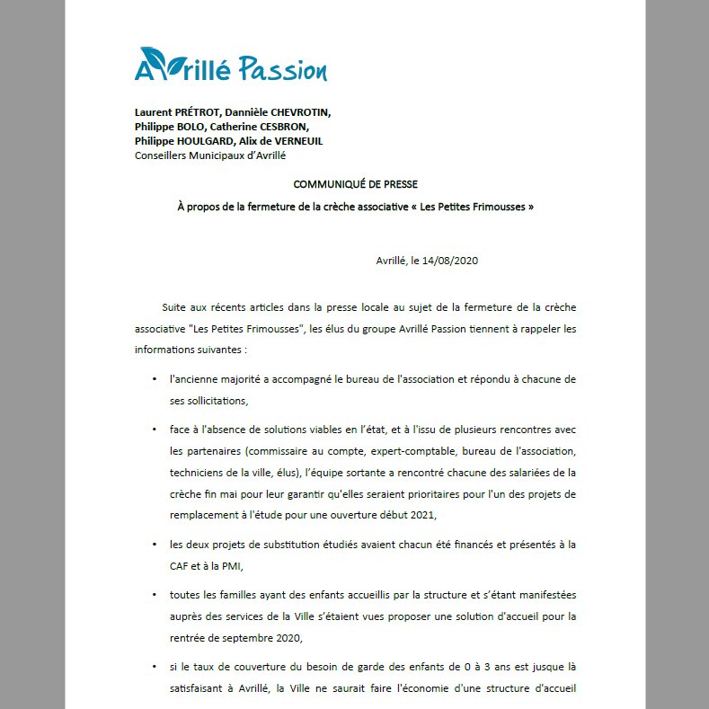 COMMUNIQUÉ DE PRESSE des élus du groupe Avrillé Passion <a href="/avrille49/">Avrillé, naturellement !</a> à propos de la fermeture de la crèche associative « Les Petites Frimousses »
drive.google.com/file/d/1kn3hi4…