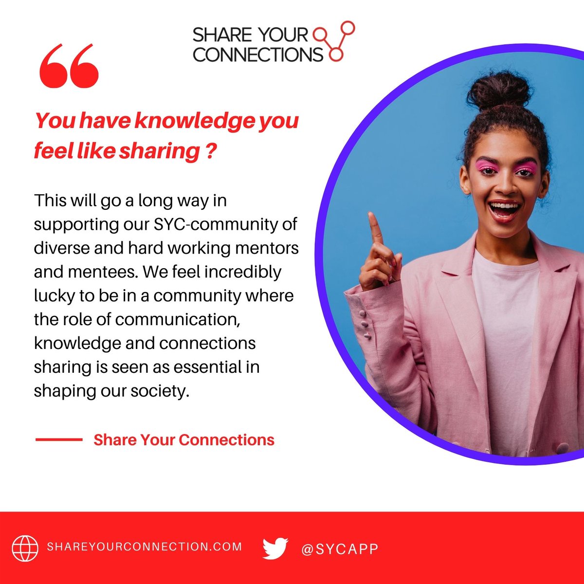 SYCApp's tweet photo. Become a Mentor!
This will go a long way in supporting our SYC-community of diverse and hard working mentors and mentees. We feel incredibly lucky to be in a community where the role of communication, knowledge and connections sharing is seen as essential in shaping our society. https://t.co/50KBO6P8W9