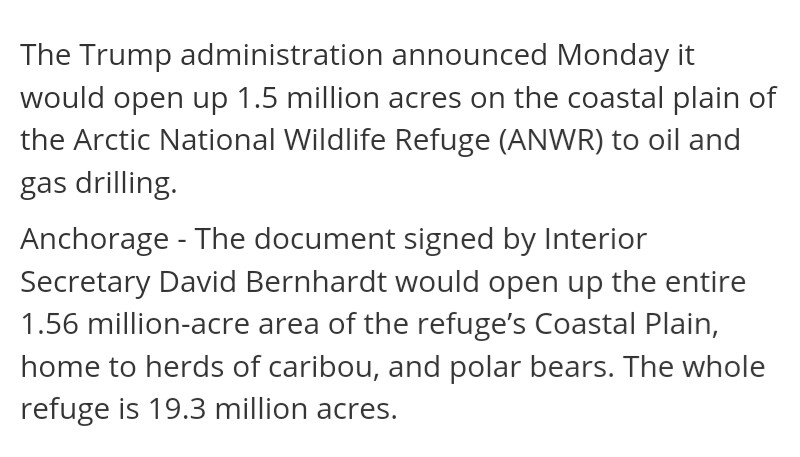 CherylMorrisW's tweet photo. "The document signed by Interior Secretary #DavidBernhardt would open up the entire 1.56 million-acre area of the refuge’s Coastal Plain, home to herds of #caribou, and #polarbears. The whole refuge is 19.3 million acres.

The first leases for #oil and #gas #drilling are to ... https://t.co/Jd4mtSgFBb