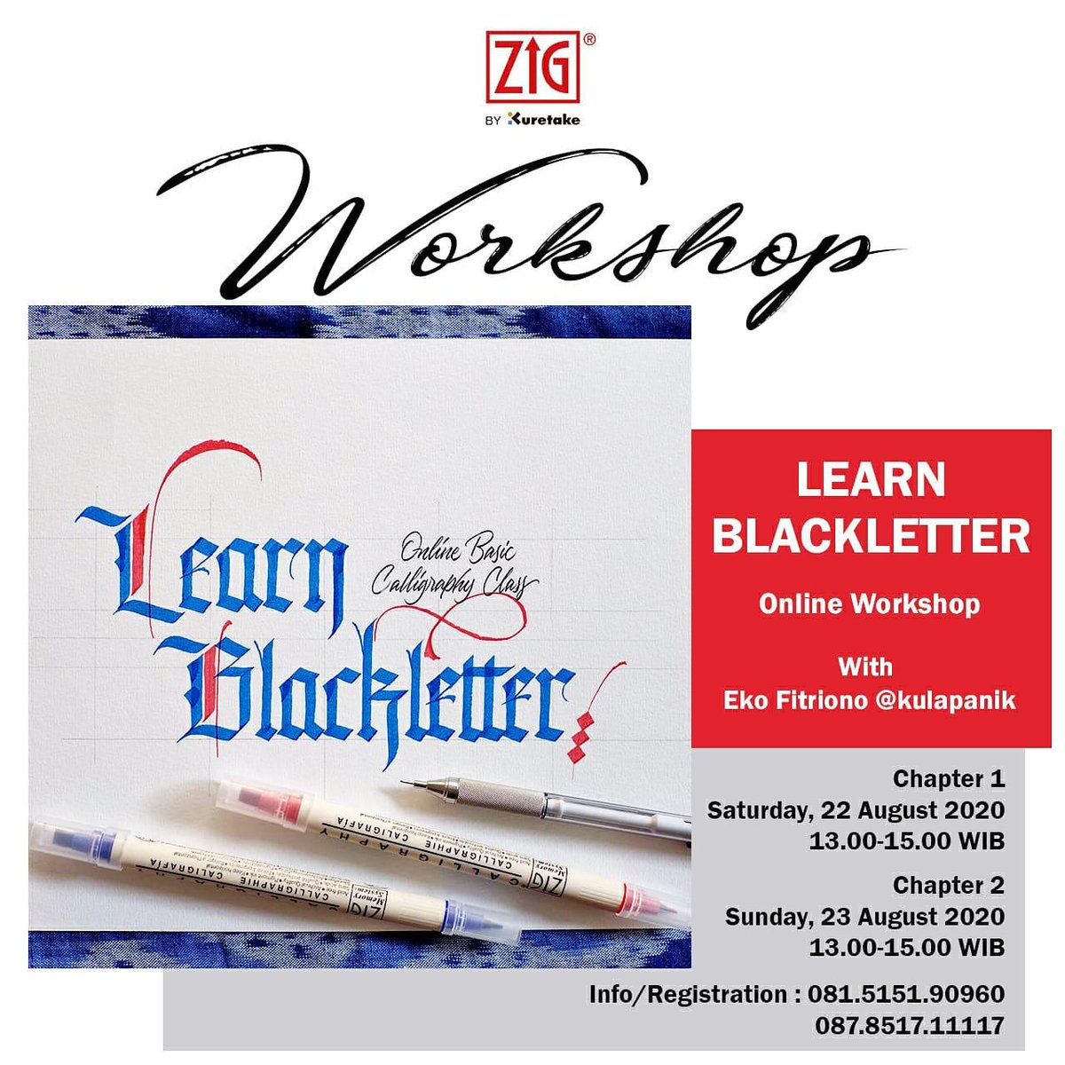 kaligrafina's tweet photo. Info workshop Online dari Eko @kulapanik bekerjasama dengan Zig Kuretake Indonesia dengan materi kaligrafi Blackletter. 

Kelas ini cocok untuk pemula.

Info dan pendaftaran via:
IG : https://t.co/SNL3XBxqoE
WA : 081.5151.90960

#Kaligrafina https://t.co/GTrNnIfQhd