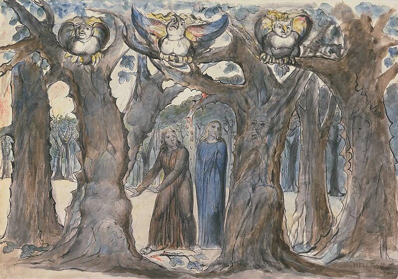 Well after the ancient Greeks, Dante wrote that those who committed suicide (‘self murderers’) were said to be punished in the afterlife by being said to a great Wood where they were chased by harpies and turned into trees. The picture below is by William Blake /11