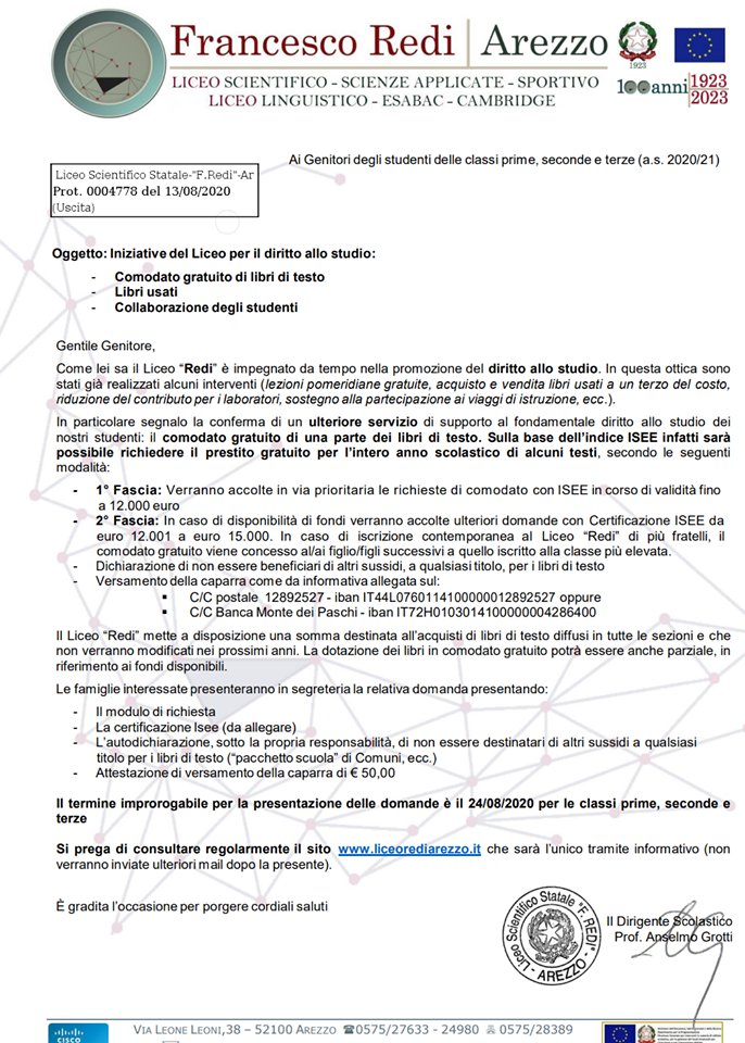 PresideGrotti's tweet photo. #LiceoRediArezzo per il diritto allo studio. Comodato gratuito dei libri di testo e altre iniziative: documentazione completa sul nostro sito https://t.co/hwa9aQovt2