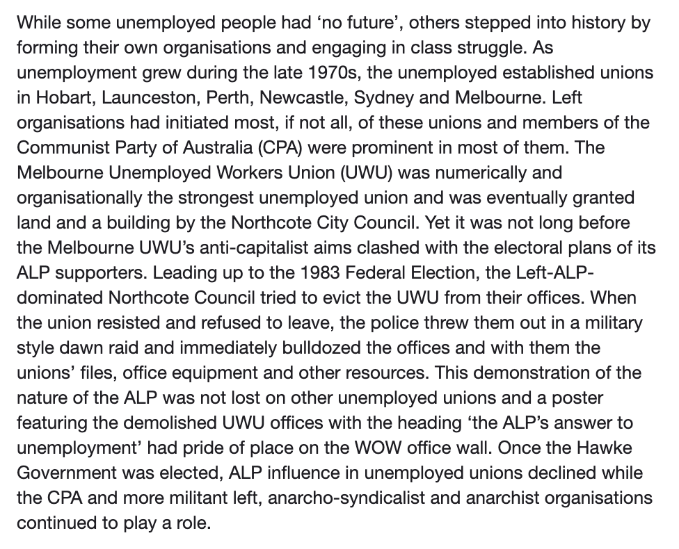 the ALP-Left Northcote City Council was initially supportive of the 70s resurgence of the Melb Unemployed Workers Union, even giving them a building... but by 1983 things had soured. Council evicted the UWU and *immediately* demolished the building, with all their stuff inside