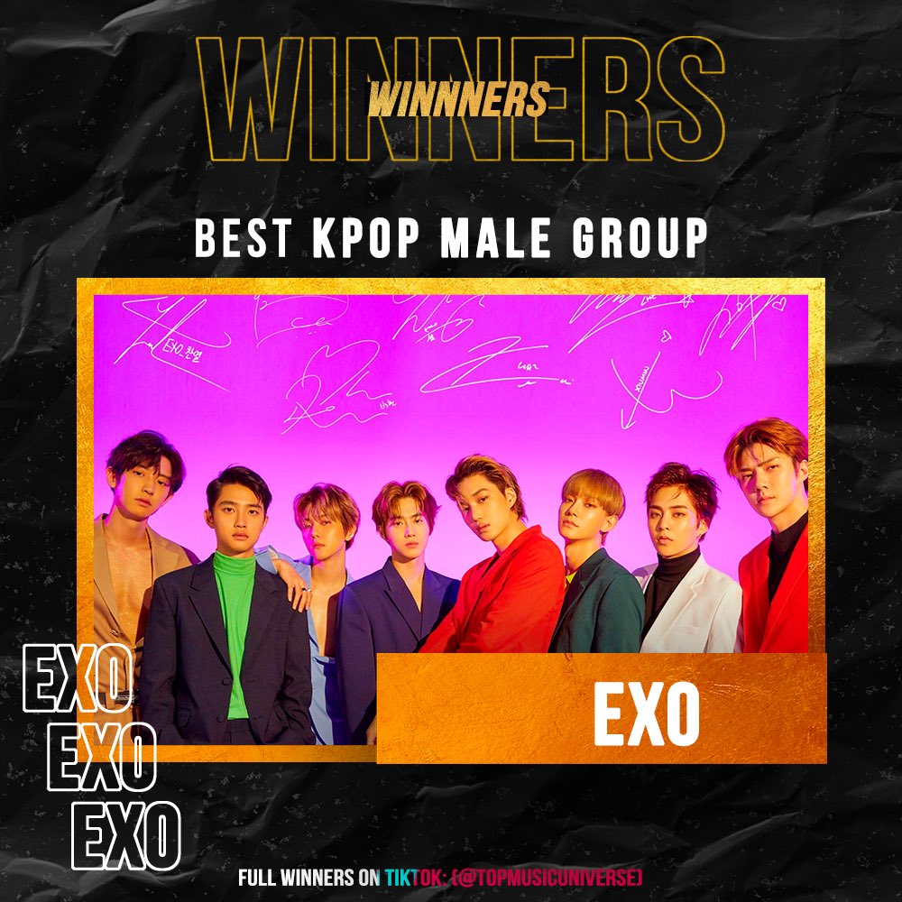 TopMUniverseCom's tweet photo. And the winner for ‘BEST KPOP MALE GROUP’ goes to... #EXO  

Congratulations, @weareoneEXO! https://t.co/U8FQBXVgKM