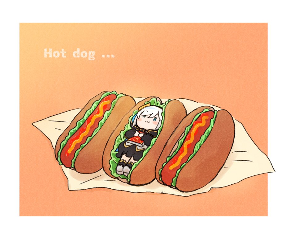 1girl food solo lettuce sandwich minigirl orange background  illustration images