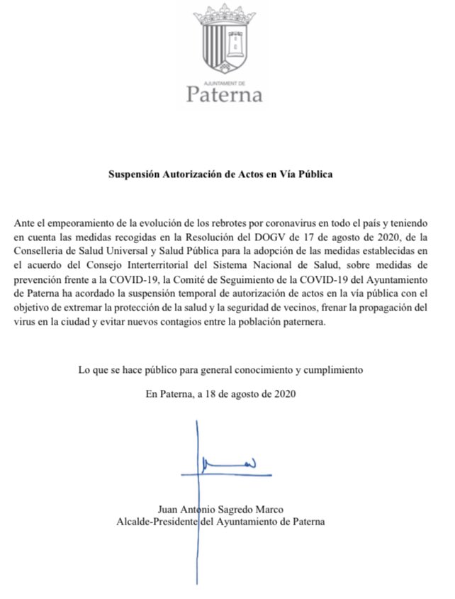Suspensión Autorización de Actos en Vía Pública, el #Castillo #DíaCristo será el acto al aire libre de #FestesPaterna

Reunida la #ComisiónAntibrotes, se ha tomado la decisión ante el aumento de incidencia de la #COVID19 en #España 🇪🇸

Gracias por todo🙏🏼

#Tornarem #FocFestaFe 🔥