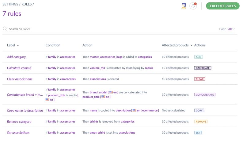 The <a href="/akeneopim/">Akeneo: The Product Experience Company</a> rules engine grid has been improved to highlight the actions behind each rule (copy, concatenate, calculate, etc).
Already available for our SaaS customers, it will be part of our v5 release. 📦
Want to know more? buff.ly/2ZNFqrF ⬅
#AkeneoFeatureHighlight