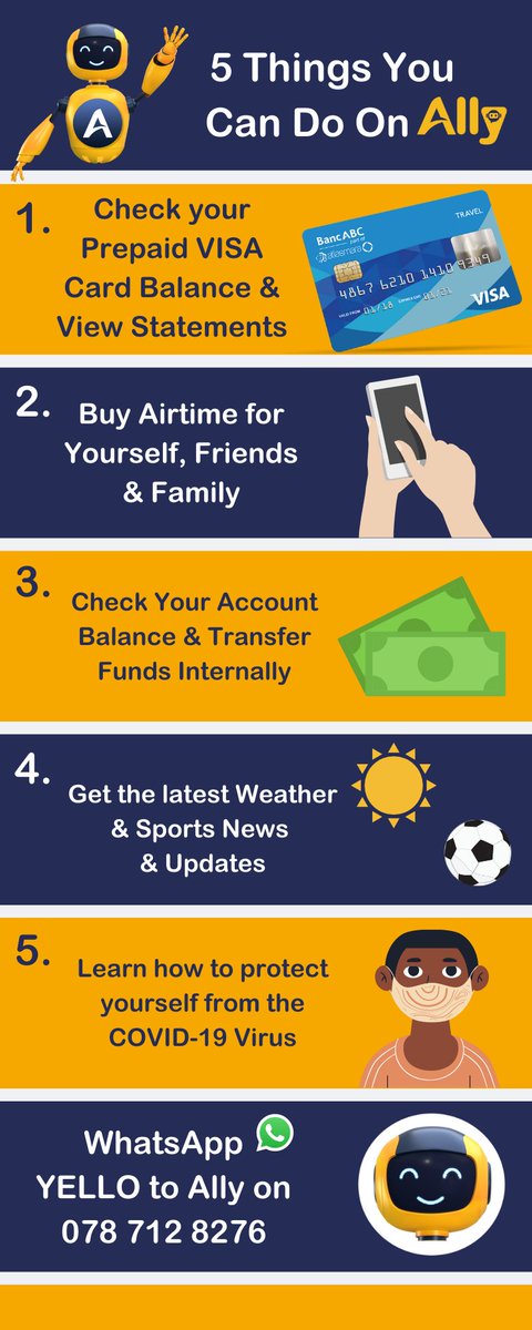 Checkout 5 Cool Things that #Ally can help you with! 🤖

Simply #WhatsApp YELLO to 078 712 8276 &amp; start chatting today! 

#FreshThinking
#SmartBanking