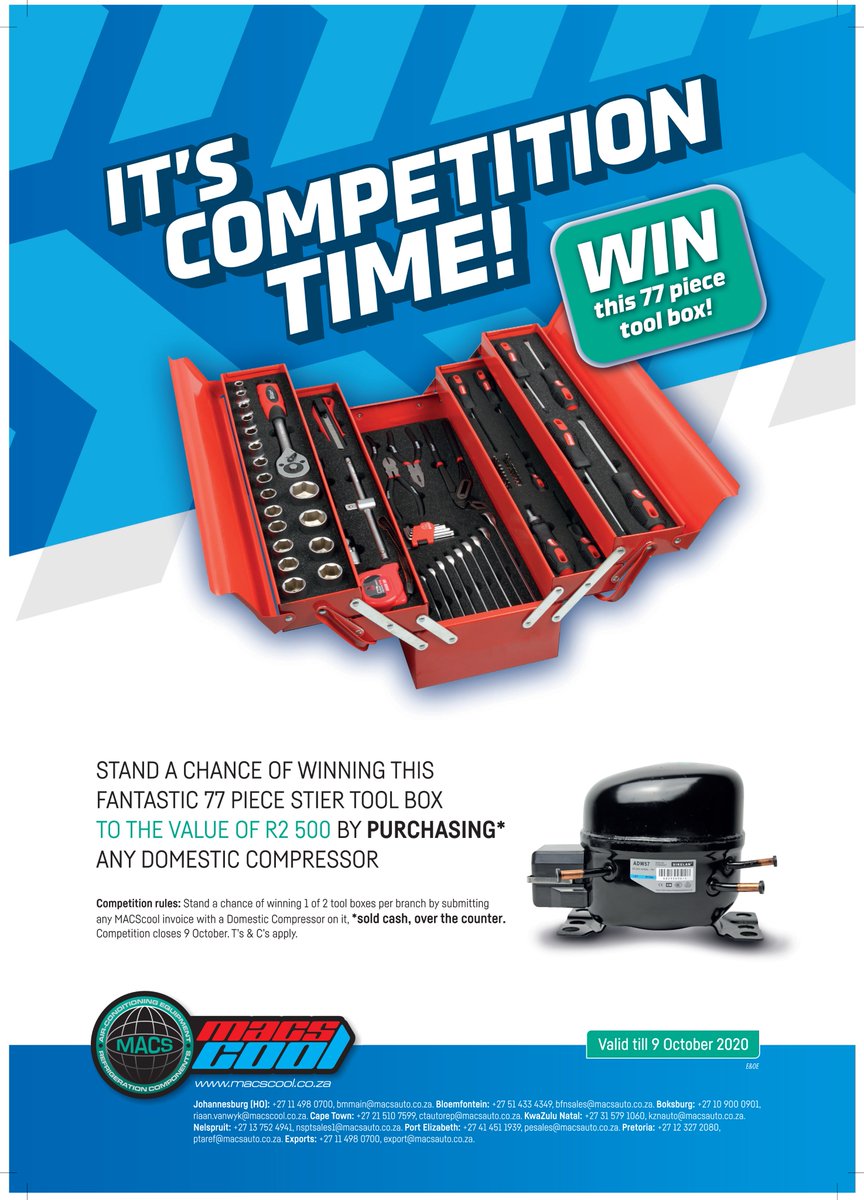 MACS_cool's tweet image. Stand a chance of winning this fantastic 77 Piece Stier Tool Box to the value of R 2500.00 by purchasing* any domestic compressor.

Competition closes 9 October 2020. 

*T’s &amp;amp; C’s apply.

#macscool #competitiontime #win #domesticcompressor #ruwag #stier #77piece #toolbox