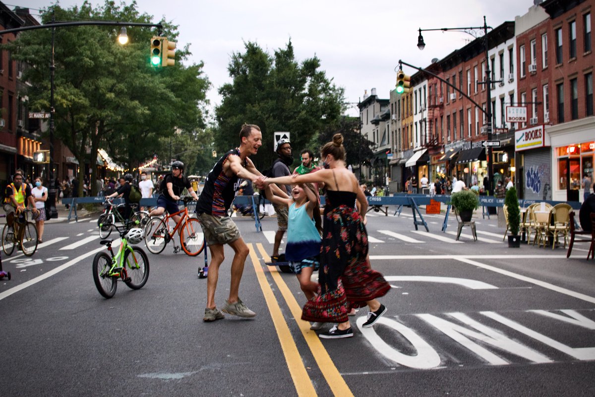 JSadikKhan's tweet photo. A street grows in Brooklyn and, with it, a chance to build communities that support everyone. This is the change we need to see on our streets. @ShabazzStuart shares scenes of miracles breaking free in the car-free streets of Bed Stuy and Prospect Heights. https://t.co/ECTNSSMdtr https://t.co/R1Pmk5o5Ql