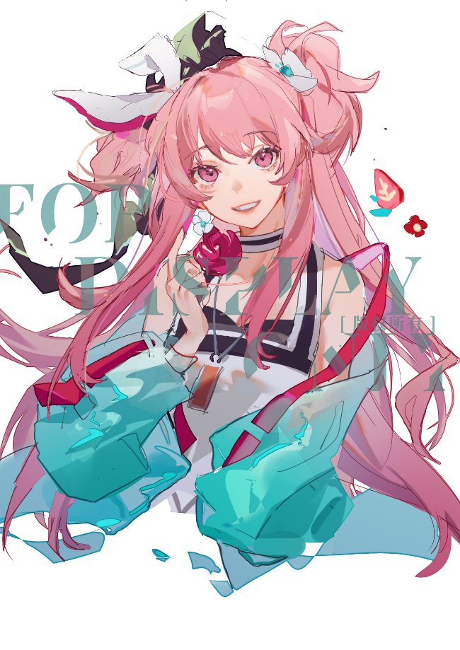 1girl solo pink hair pink eyes flower jacket smile  illustration images