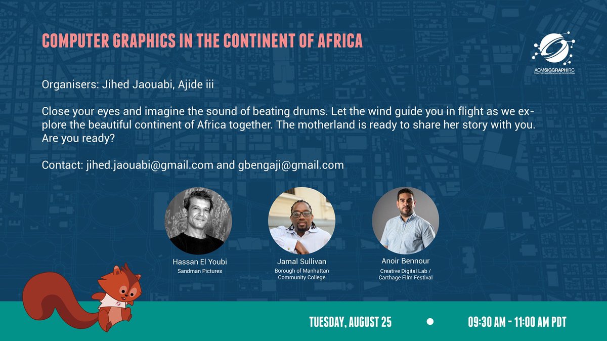 Close your eyes and imagine the sound of beating drums. Let the wind guide you in flight as we explore the beautiful digital professional landscape of Africa together.
Our guest speakers are Hassan El Youbi, Jamal Sullivan and Anoir Bennour. Join us! <a href="/Siggraph/">ACM SIGGRAPH</a>