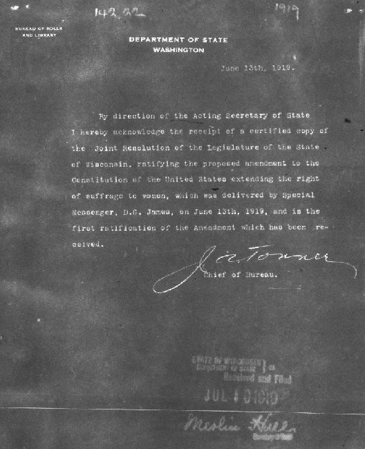 WISCONSIN (June 10, 1919) – … Wisconsin actually got its ratification papers to D.C. just ahead of Illinois after ex-state Sen. David G. James (father of WI suffragist Ada James) raced to nation's capital by train.  #19thAmendment  