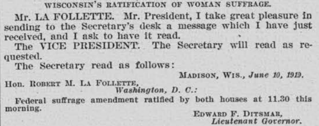 WISCONSIN (June 10, 1919) – … Wisconsin actually got its ratification papers to D.C. just ahead of Illinois after ex-state Sen. David G. James (father of WI suffragist Ada James) raced to nation's capital by train.  #19thAmendment  