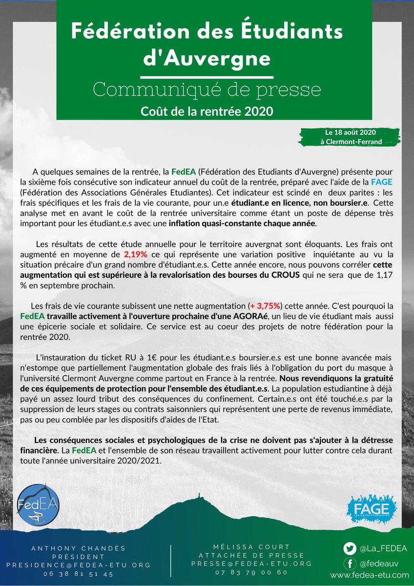 La_FEDEA's tweet photo. 🎓[COÛT DE LA RENTRÉE POUR LES ÉTUDIANT.E.S EN AUVERGNE]📢

En hausse significative 📈 sur un an (+ 2,19%), @La_FEDEA met en garde sur une baisse du pouvoir d’achat des étudiant.e.s en cette rentrée 2020.

#RENTREE2020 

Retrouvez notre communiqué de presse 👇 https://t.co/Heimm09Yl8