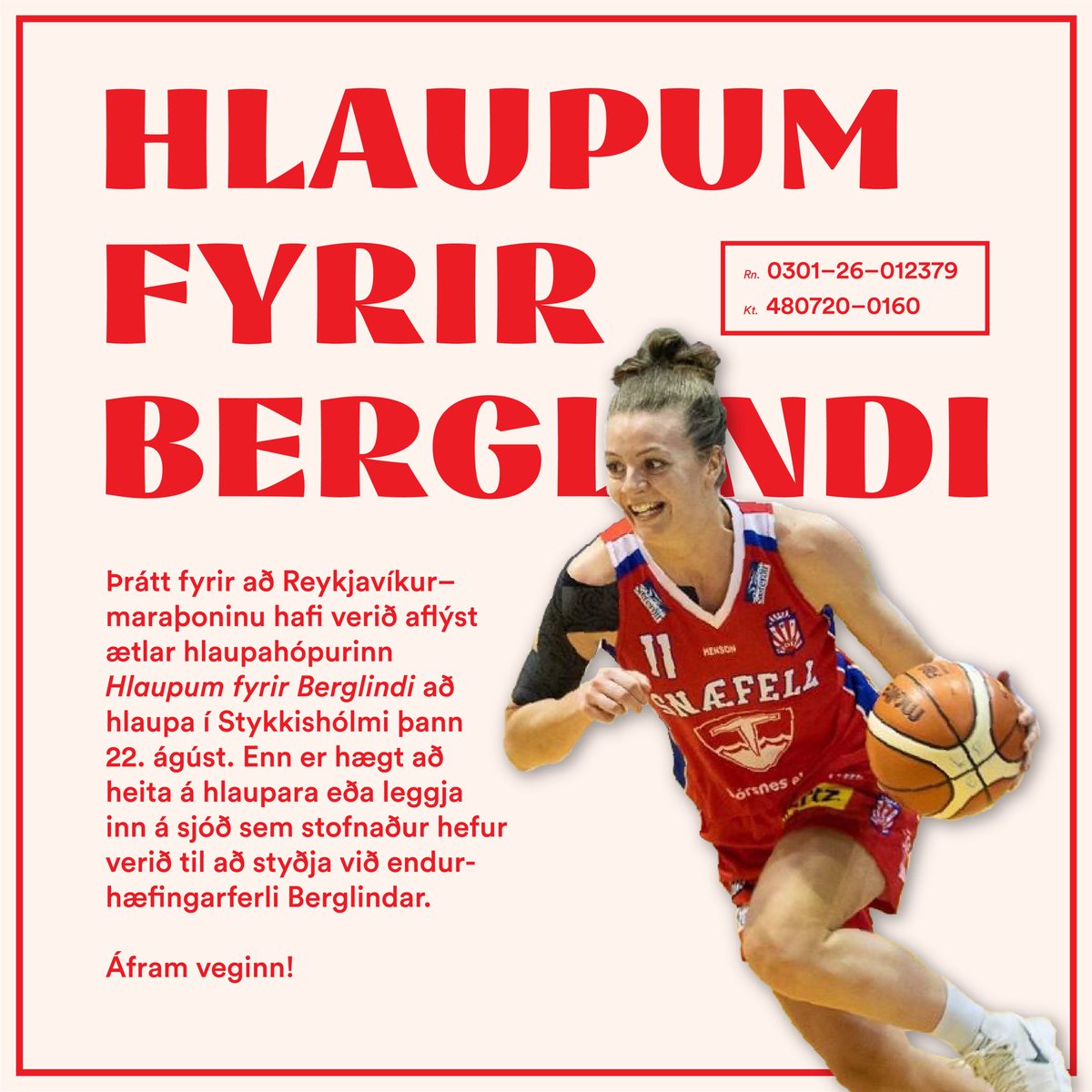 Á laugardaginn ætlum við að hlaupa #FyrirBerglindi í Hólminum í stað Reykjavíkurmaraþonsins! Enn er hægt að heita á hlaupara og styrkja þar með Berglindi í kostnaðarsömu endurhæfingarferli eða leggja beint inn á styrktarsjóðinn hennar ❤️ #korfubolti