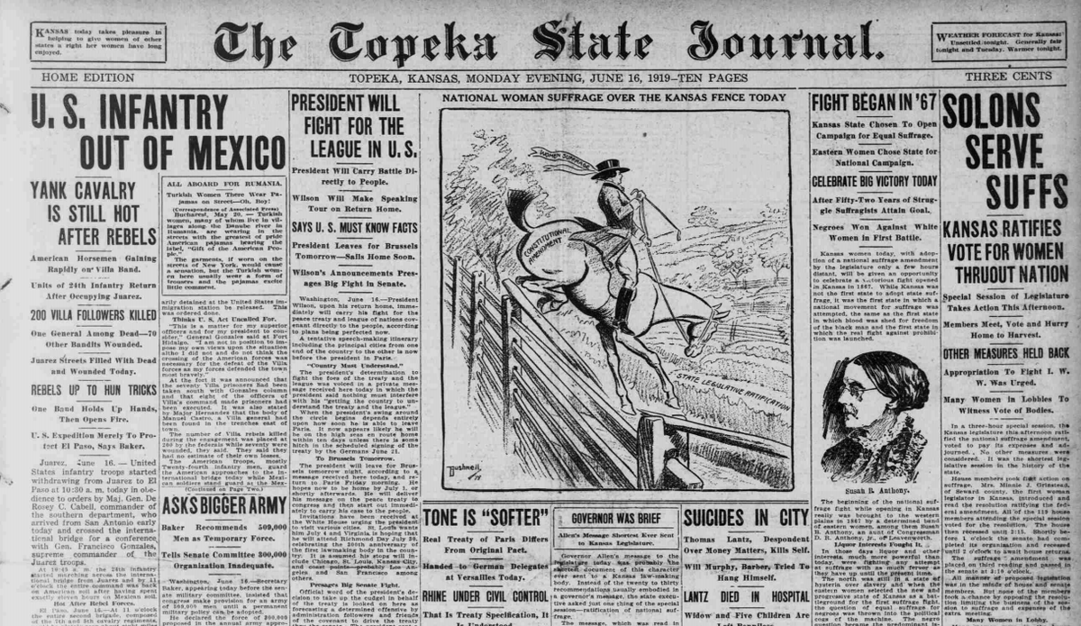 KANSAS (June 16, 1919)• Kansas held 1st statewide suffrage referendum 1867• Susanna Madora Salter first woman to serve as a U.S. mayor (Argonia, KS 1887) https://www.kshs.org/kansapedia/susanna-madora-salter/12191 https://www.kansasmemory.org/item/211215/page/1h/t  @kansashistory