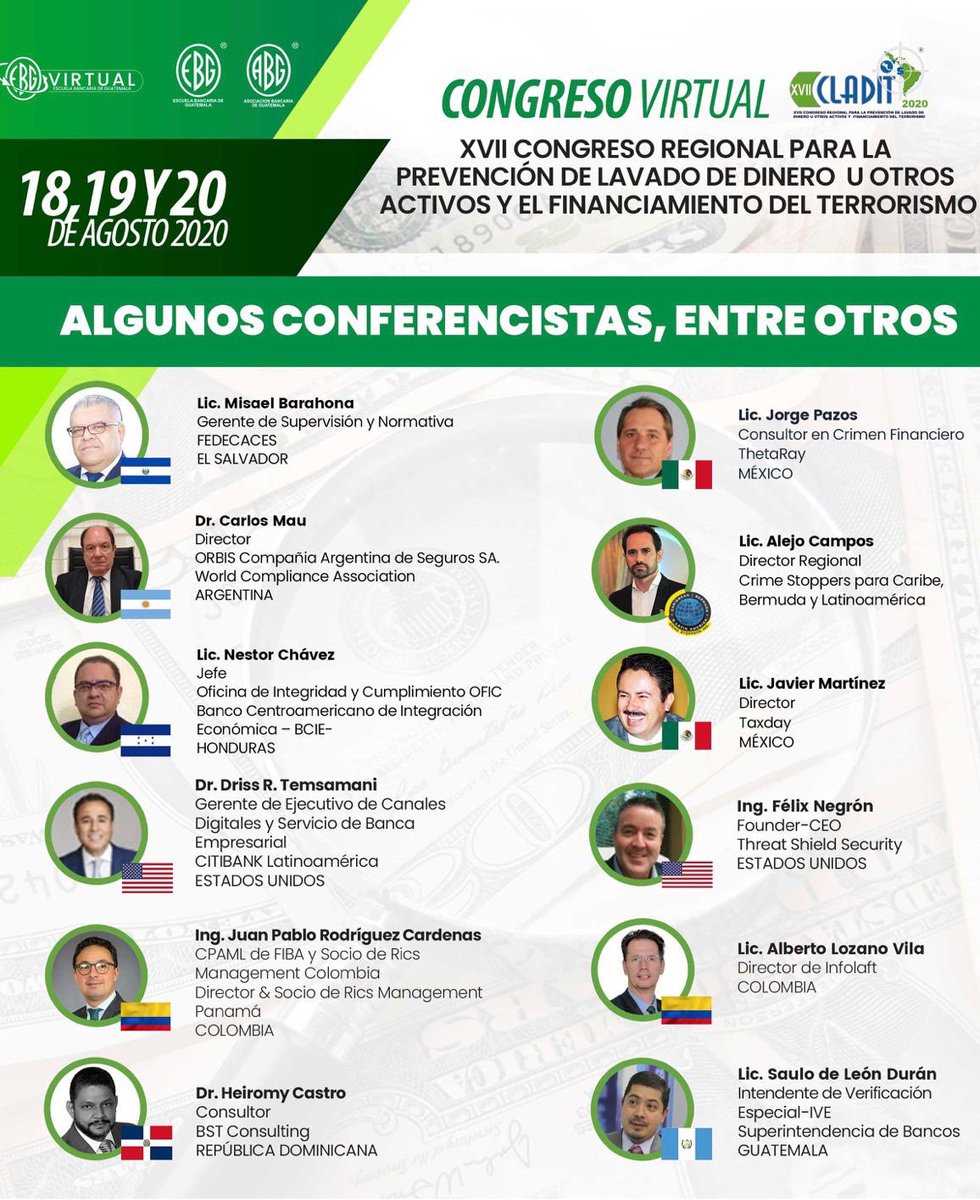 DrissTemsamani's tweet photo. Looking forward to speaking at #Cladit2020 today on Digital Transformation and Cybercrime implications. Congreso Regional para la Prevención de Lavado de Dinero y Financiamiento del Terrorismo #Guatemala #cladit https://t.co/S1CYLtaTXD