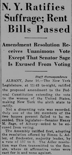 NEW YORK (June 16, 1919) https://chroniclingamerica.loc.gov/lccn/sn83030214/1919-06-17/ed-1/seq-1/• 1st Women’s Rights Convention held 1848 in Seneca Falls, NY• Shirley Chisholm (D) first Black woman elected to Congress (1968)