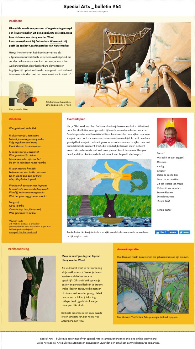 In het bulletin van <a href="/specialartsnl/">Special Arts NL</a>  staat een mooi artikel over docent/kunstenaar Harry van der Woud die lessen heeft verzorgd voor ons Coachingsatelier voor mensen met een GGZ achtergrond.
#specialartsnl #harryvanderwoud #purmerend r #parnassiagroep #kunstwerkt