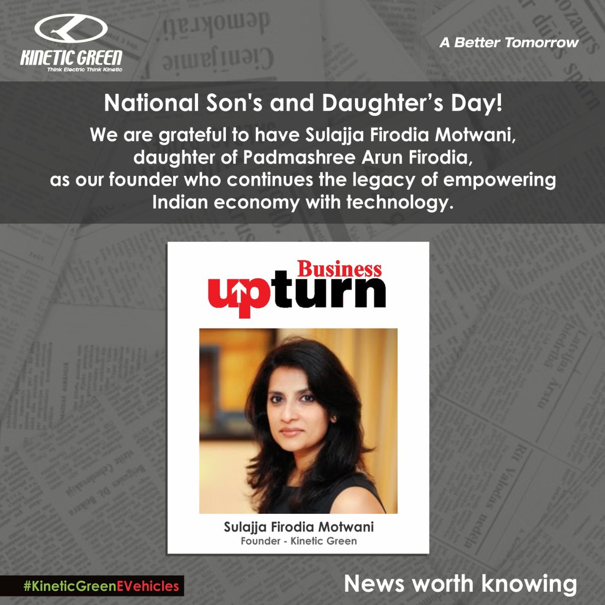 KineticgreenEV's tweet photo. We are grateful to have Sulajja Firodia Motwani, daughter of Padmashree Arun Firodia, as our founder who continues the legacy of empowering Indian economy with technology.
Click here: https://t.co/D0FYH4O1dy
#NewsWorthSharing #NationalSonAndDaughtersDay https://t.co/0UQASrJSot