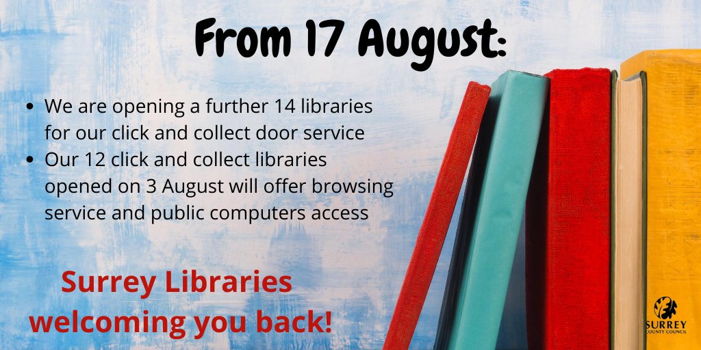 40 Surrey libraries are now reopened or offering services.  Find out about your library at: ow.ly/MR8z50AZjHR Surrey Libraries welcoming you back! 📕📚