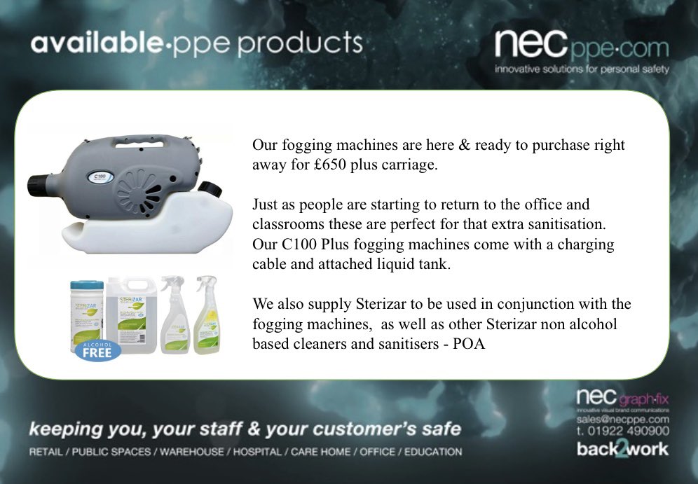 necvisual's tweet photo. Take a look at our fogging machines, ready to purchase right away!

#necgraphfix 
#foggingmachine 
#ppeproducts 
#sanitisation 
#hygieneproducts https://t.co/Dna7dLElAx