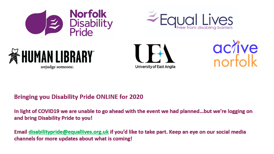 norfdispride's tweet photo. Disability Pride! 

COMING SOON TO A SCREEN NEAR YOU!

#NorfolkDisabilityPride #disabilitypride #NorfolkCounty #disabledpeople #onlineevent #joinin #DP20 

@HumanLibraryUK @uniofeastanglia @ActiveNorfolk @equallives_org https://t.co/ixTiq7FnDi