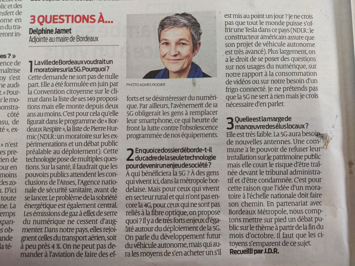Je suis assez halluciné de la désinformation de Mme  @Delphine_Jamet dans  @sudouest à propos de la  #5GPetit thread (Mon premier ) de rectifications dans l'ordre de l'interview.