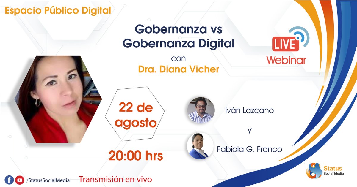 ProfIvanLazcano's tweet photo. Los espero en #EspacioPúblicoDigital este 22 de agosto a las 20:00 hrs. con la Dra. Diana Vicher y @FabyGfranco y el tema: "Gobernanza vs Gobernanza Digital" 

Mírenlo en: https://t.co/jsKZxFpvvI

#StatusSocialMedia https://t.co/BN8efYYHEF