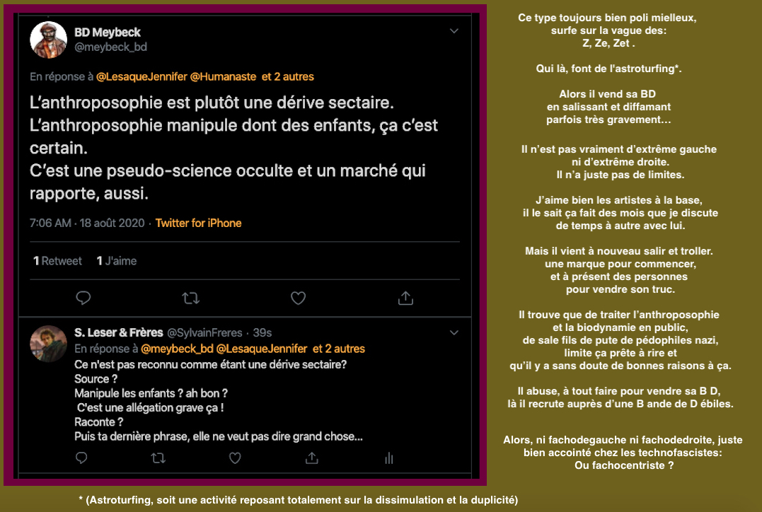 Ce type toujours bien poli mielleux, surfe sur la vague des:Z, Ze, Zet . Qui là, font de l'astroturfing. Alors il vend sa BD en salissant et diffamant parfois très gravement.  https://twitter.com/meybeck_bd/status/1295587730127237121?s=20 https://twitter.com/ArchibaldMacke5/status/1278446876652683264?s=20 https://twitter.com/sylvangui/status/1291312821024821248?s=20