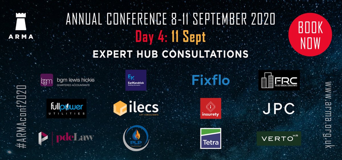 Have you booked your places yet for #ARMAconf2020? On Day 4 you can book 121s with industry experts including <a href="/Fixflo/">Fixflo</a> <a href="/FPUtilities/">Full Power Utilities</a> <a href="/EarlKendrick/">Earl Kendrick</a> <a href="/ILECSLimited/">ILECS Lift & Escalator Consultants</a> <a href="/InsuretyL/">Insurety Limited</a> <a href="/JPC_Law/">JPC</a> <a href="/PLPFIRE/">PLP Fire Protection</a> <a href="/PDC_Law/">PDC Law</a> <a href="/LtdTetra/">Tetra Consulting Ltd</a> <a href="/VERTOHR/">VERTO</a> See the full programme &amp; book here bit.ly/31GxHyj
