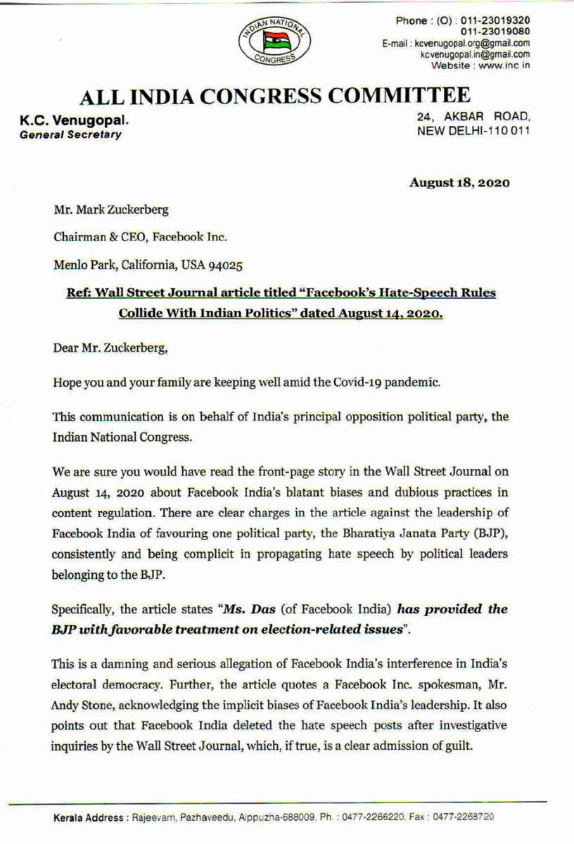 RahulGandhi's tweet photo. We cannot allow any manipulation of our hard-earned democracy through bias, fake news &amp; hate speech.

As exposed by @WSJ, Facebook’s involvement in peddling fake and hate news needs to be questioned by all Indians. https://t.co/AvBR6P0wAK
