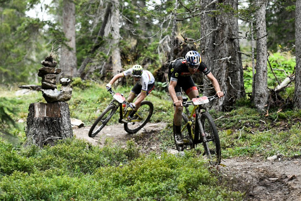 How's this for a beautiful shot of <a href="/LaaxSwitzerland/">LAAX</a> singletrack? <a href="/larsrace/">Lars Forster</a> &amp; <a href="/nschurter/">Nino Schurter</a> are ripping it up, despite the fact that the trails are exceptionally slippery. 
#SwissEpic