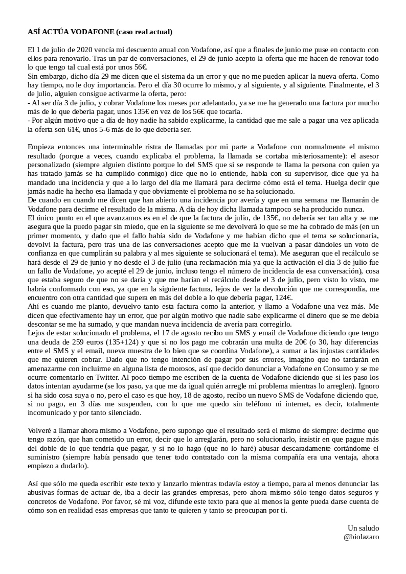 BioLazaro's tweet photo. .@vodafone_es reconoce q ha cometido un error conmigo. Pero, tras casi 2 meses, no soluciona mi problema e insiste en q pague (de más).
Ayer amenazó con cobrarme multa. Hoy con suspenderme el servicio (y callarme).
Por favor, sé mi voz, difunde esto:
#VodafoneAbusaDeSusClientes https://t.co/gIZYTmeHEu