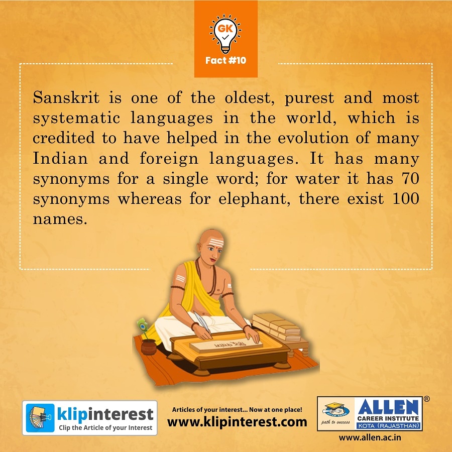 KlipInterest's tweet image. GK Fact #10

Sanskrit is one of the oldest, purest and most systematic languages in the world, credited to have helped in the evolution of many Indian and foreign languages. 

#sanskrit #languages #oldestlanguage #gkfacts #Klipinterest