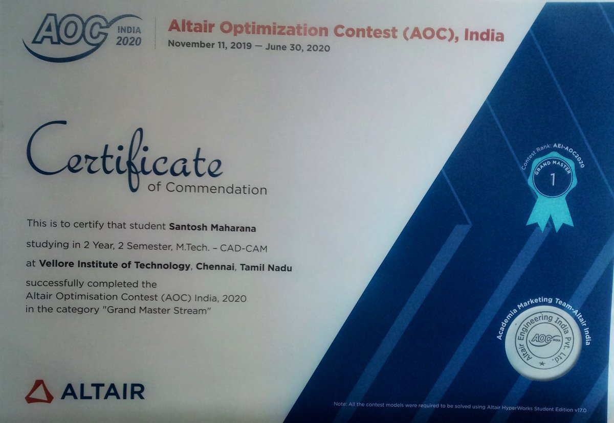 SMBS_VITCC's tweet photo. Congratulations to Mr Santhosh Maharana, 2018-2020 M Tech CAD/CAM student, SMEC, VITCC has been recognised as Rank 1 - Master category of in Altair Optimisation Contest 2020

https://t.co/V8NTbOq4pW https://t.co/R3uuna1ri1