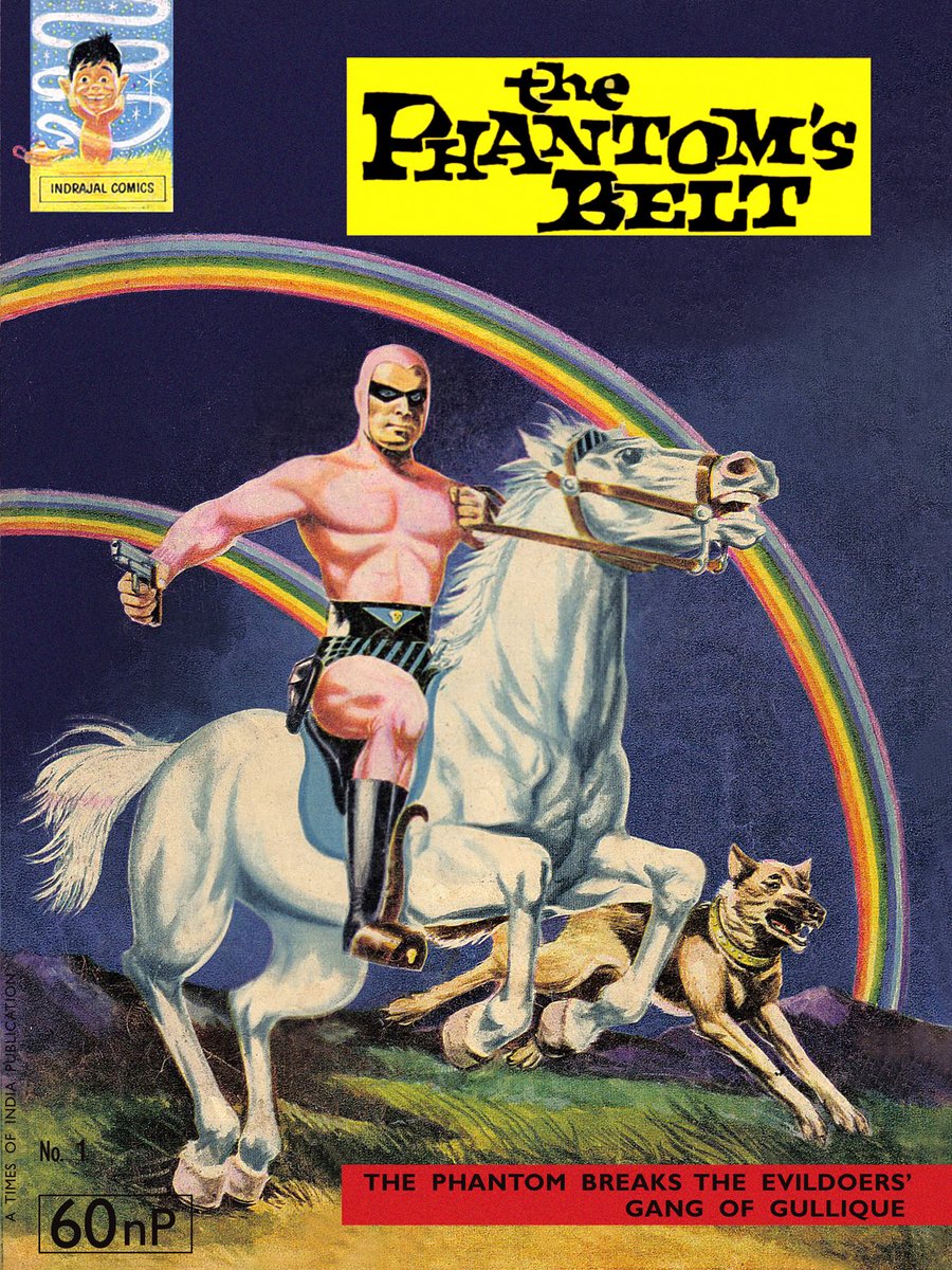 ...on March 1964, the 1st issue of Indrajal Comics came out & the Phantom rode grandly into India in a comic-book format. Here's the cover. Art by Govind Brahmania (who did all Indrajal's covers in the beginning). Note the Indrajal logo (& Phantom's eyes)... #IndianComics