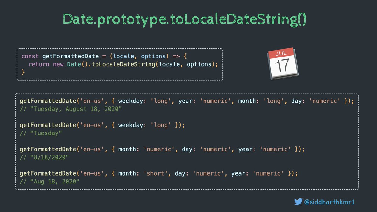 siddharthkmr1's tweet image. #javascript tip

📅 You might not need moment js

🔥 You can pass locale &amp;amp; formatting options to, toLocaleDateString method

#100DaysOfCode #CodeNewbie