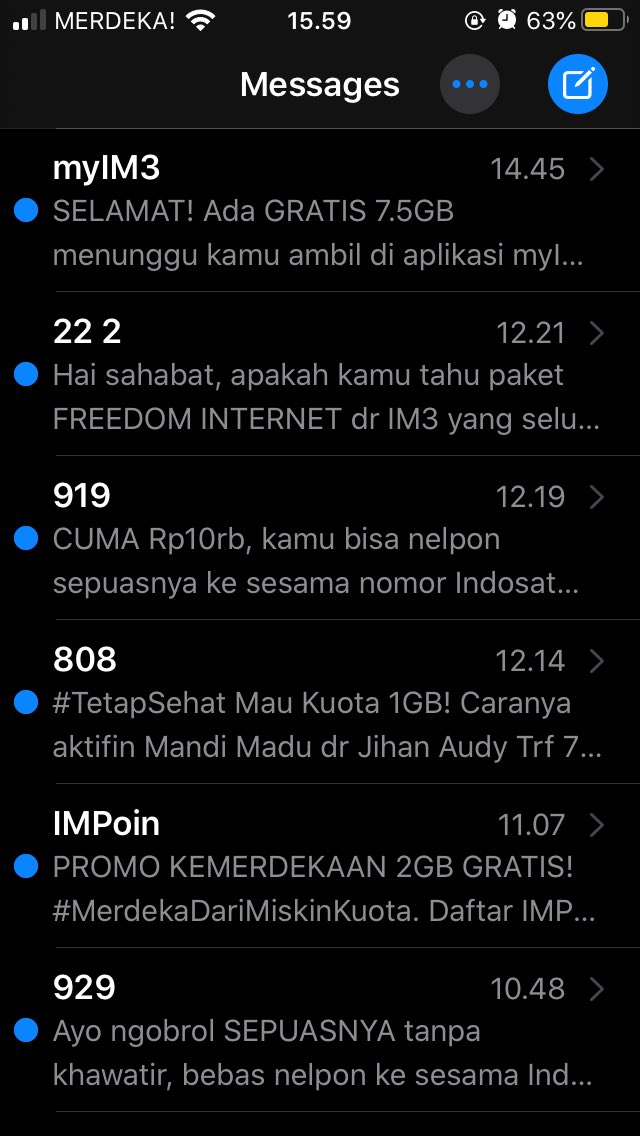 ochaaz's tweet photo. dear @IndosatCare , kali ini saya beneran complain. baru jam 4 sore aja saya udah dapet 6 sms promosi, sms pertama jam 11, yg brarti 6 sms dalam 7 jam, hampir 1sms/jam. ini ganggu banget loh, beneran https://t.co/YwAAOi7Xqg