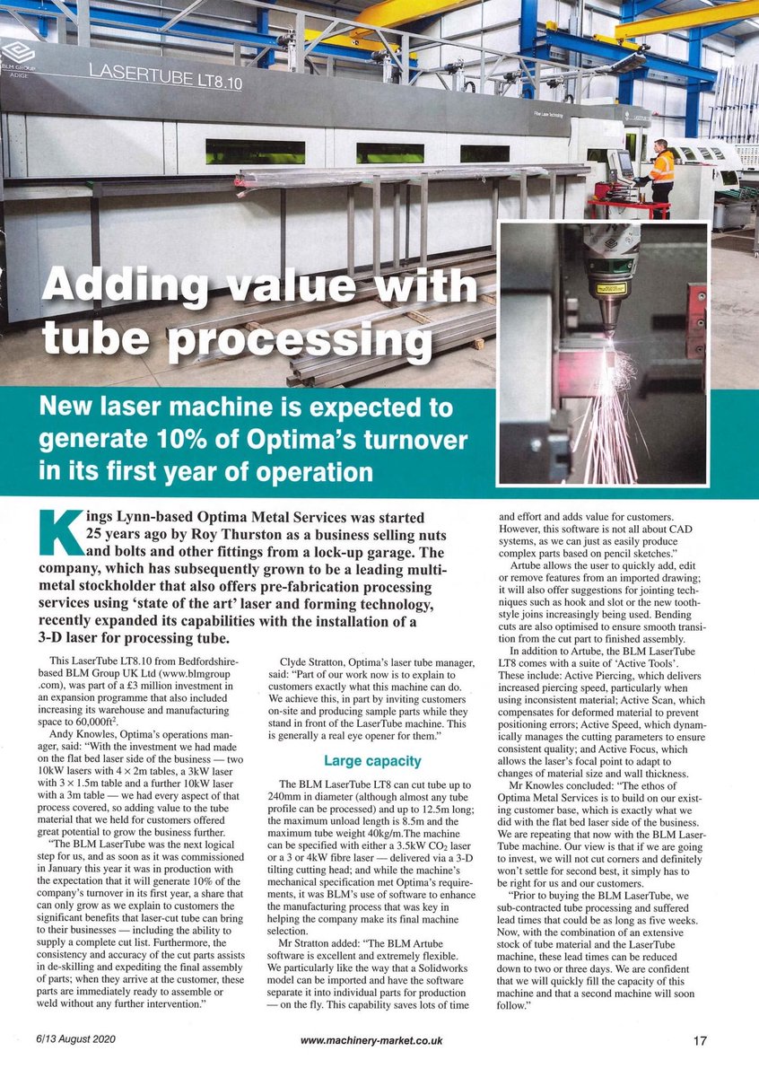 Optimametal's tweet photo. We are humbled by the article written about us. The Tube Laser department has grown Month by Month. It’s been a great addition to the Optima family and has really made us a ‘One Stop Shop’ for your metal and processing needs. info@optima.co.uk

#tubelaser #lasertube #laser #metal https://t.co/azAJU2qaJI