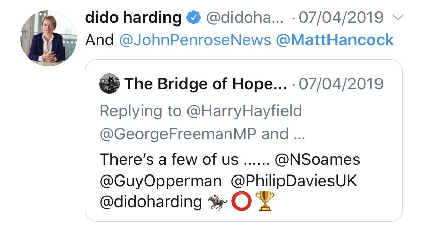 A casual browse through Dido Harding’s tweets & oh look. Here she is pointing out the links between her, her husband, the health secretary who appointed her to Test&Trace & the CEO of Serco who got £10bn Test&Trace contract. The connection? No, not health. It’s horse racing