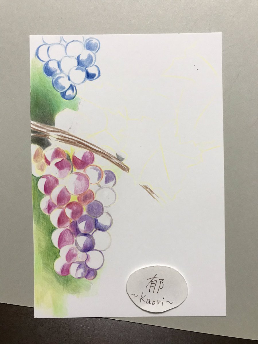西囿 郁 アニソン懐かしメドレー歌い散らかしながら葡萄描いてます 艸 これは残暑見舞い になる予定 だけど本当に秋になりそう 仕事の時間を全部絵に当てたい 笑 色鉛筆画 色鉛筆